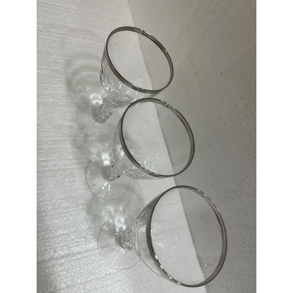 Wine Glasses 3 Floral Etched‎ Rimmed With Silver-Like Material